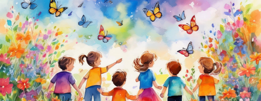 Gruppe von Kindern, draußen, lernen, bunte Welt, Schmetterlinge