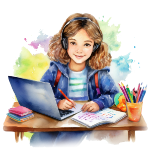 girl with laptop and writing exercise